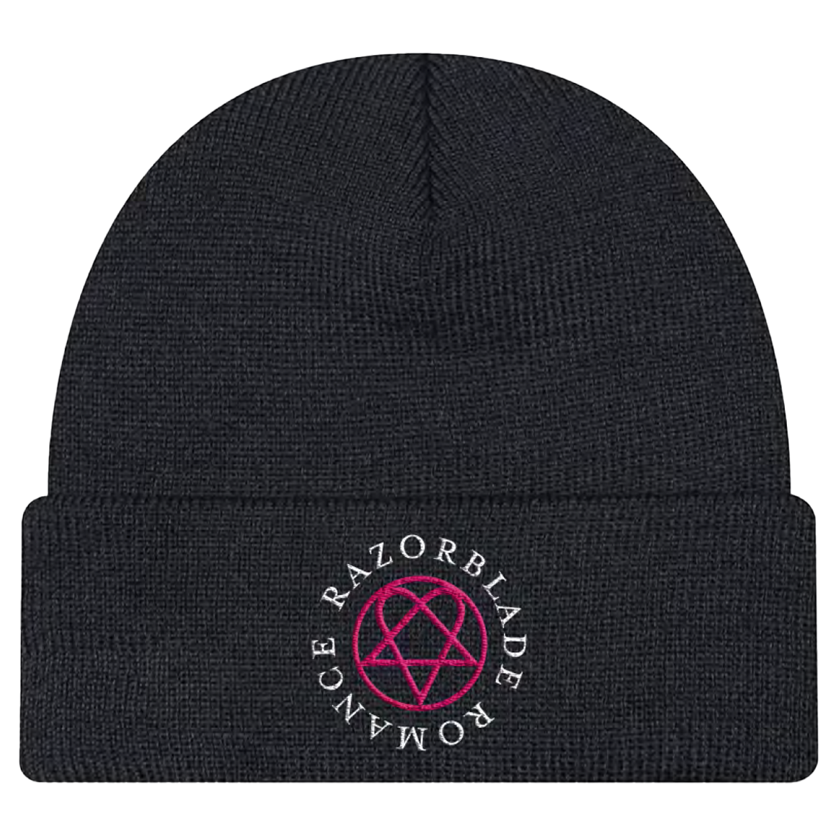 A classic black knit beanie with pink embroidered Heartagram from HIM