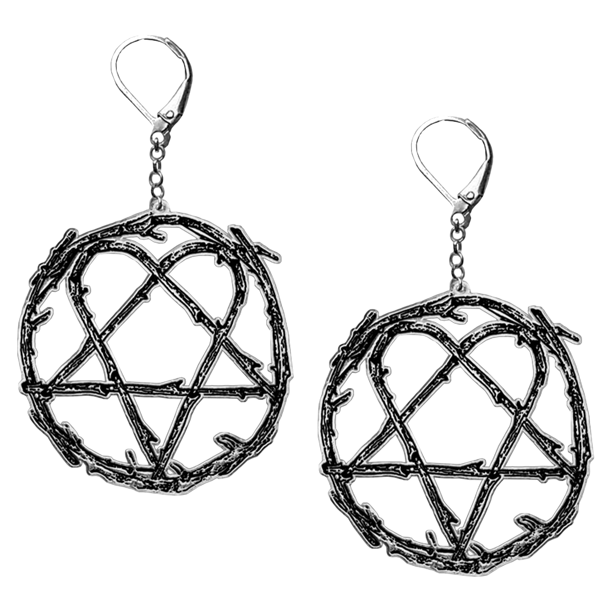 Metal HIM earrings with the Heartagram symbol.
