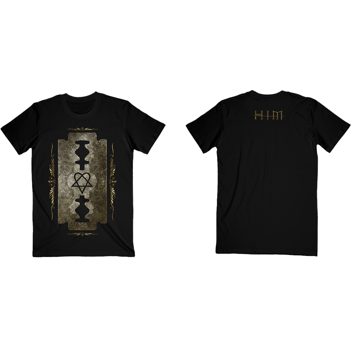 A classic black cotton tee shirt with Razorblade Romance artwork on the front and HIM logo on the back.