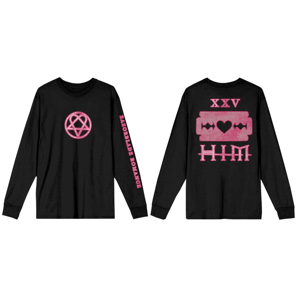 A classic black cotton long sleeve tee with pink Heartagram and custom Razorbalde Romance artwork from HIM.