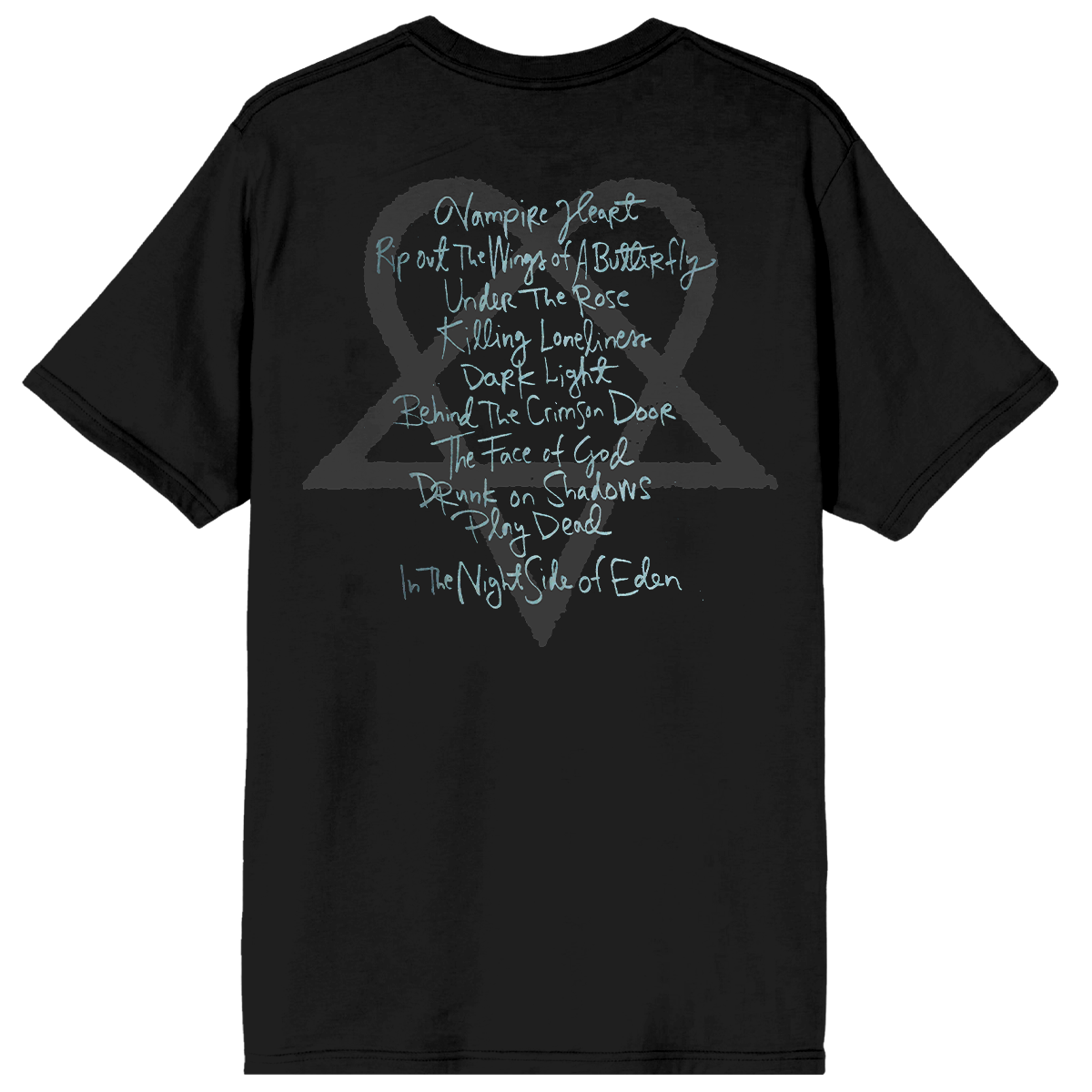 A classic black cotton tee with Dark Light album artwork on the front and the album track list on the back, from HIM.