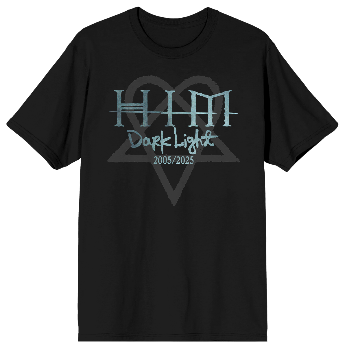 A classic black cotton tee with Dark Light album artwork on the front and the album track list on the back, from HIM.
