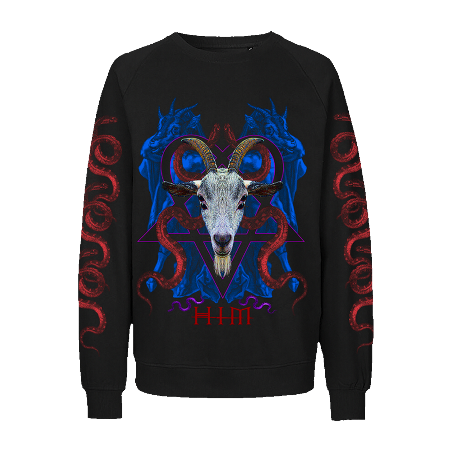 A black crewneck sweatshirt with custom artwork from HIM across the front and on the sleeves.