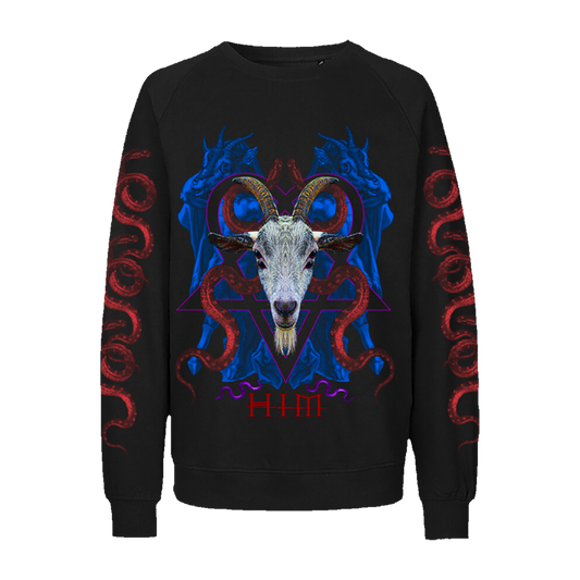 A black crewneck sweatshirt with custom artwork from HIM across the front and on the sleeves.