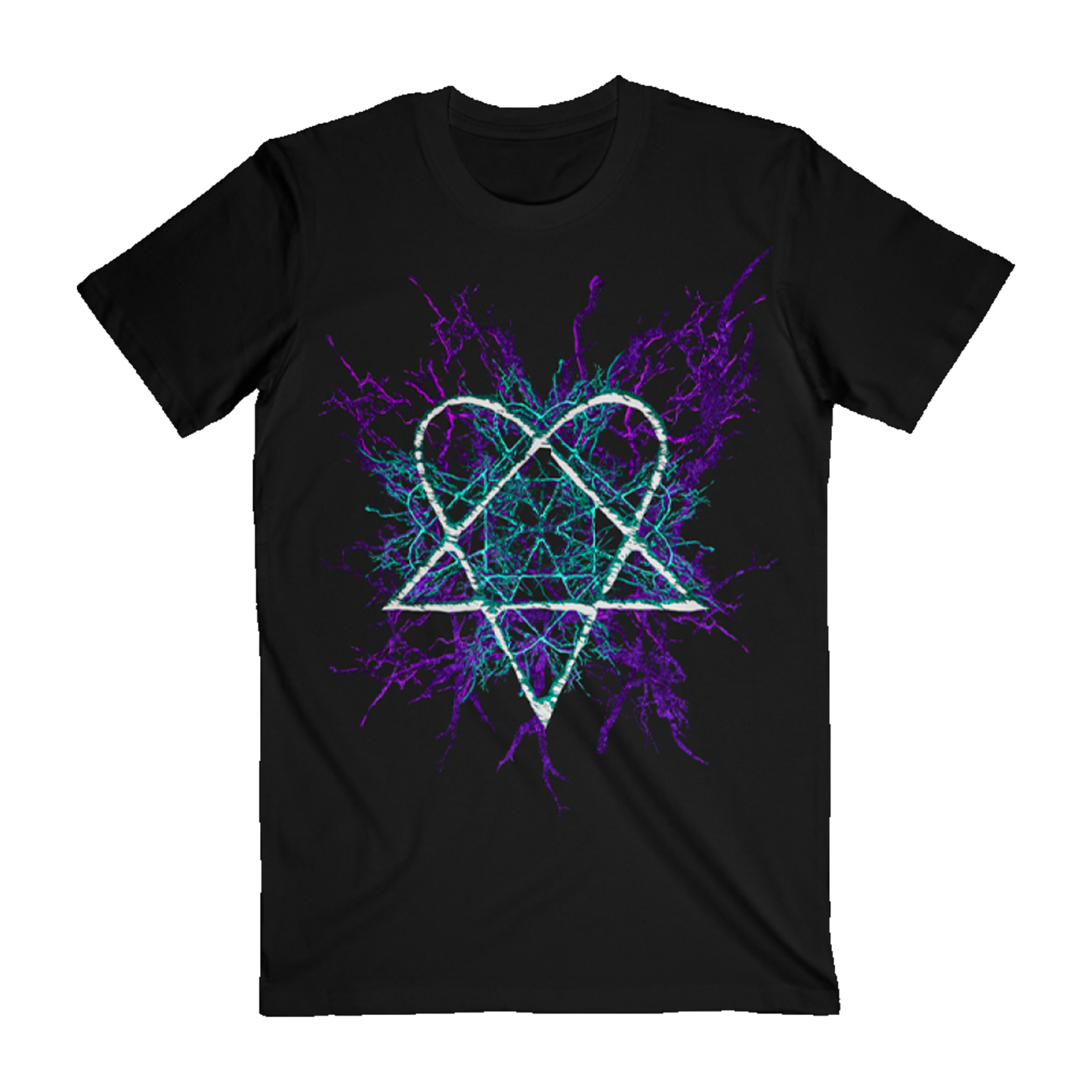 A black cotton short sleeve tee with custom artwork from HIM across the front.