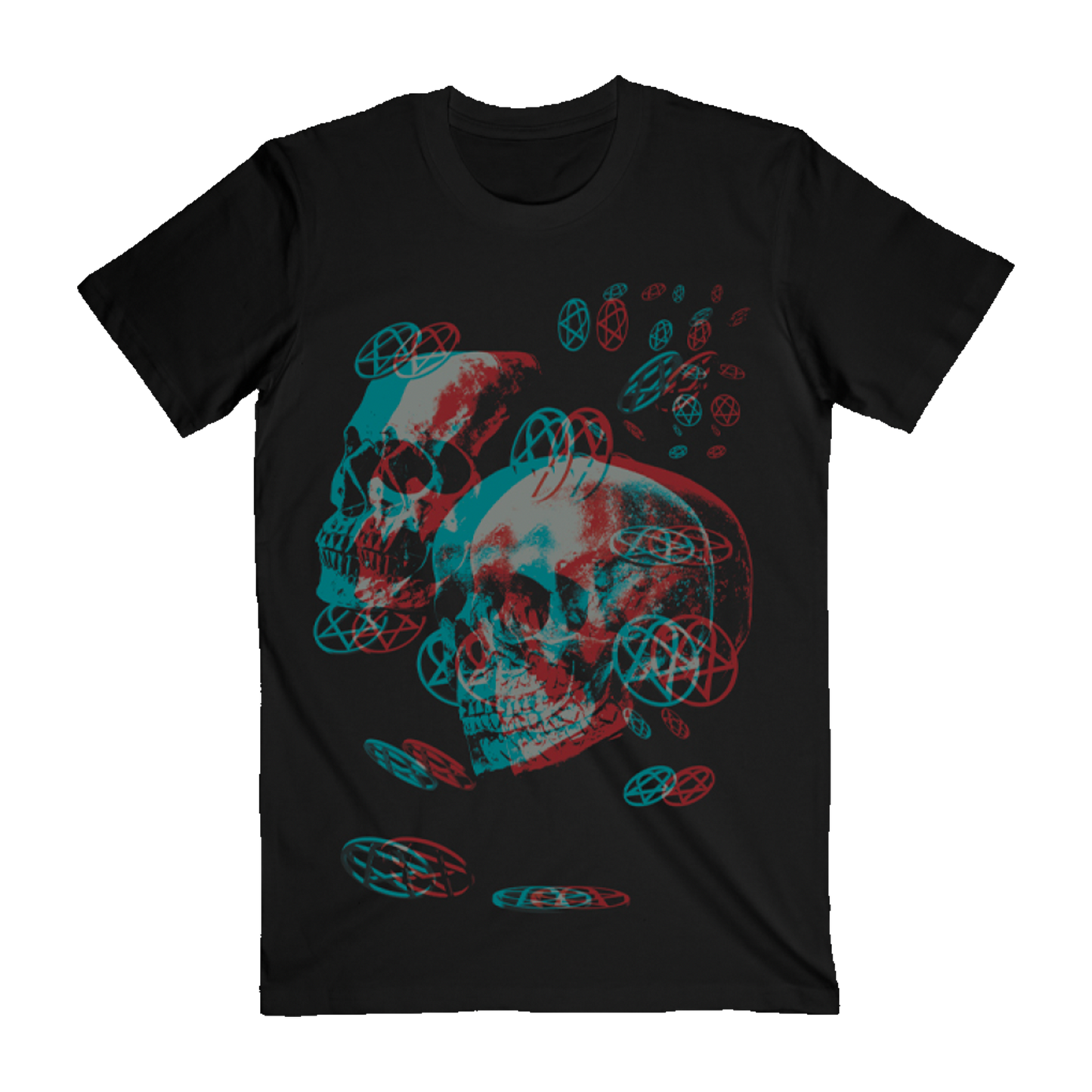 A black cotton short sleeve tee with custom artwork from HIM across the front.