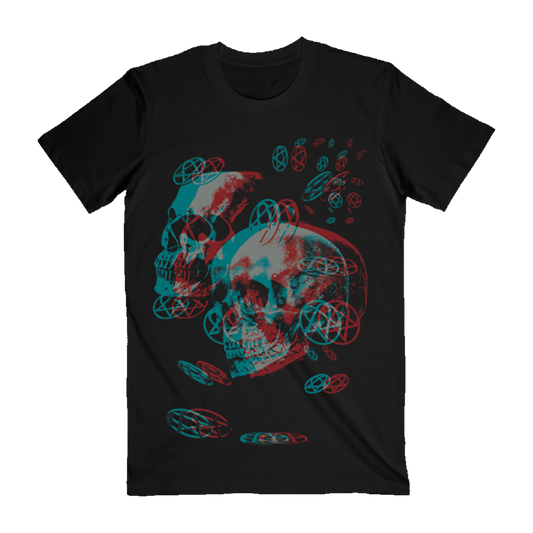 A black cotton short sleeve tee with custom artwork from HIM across the front.