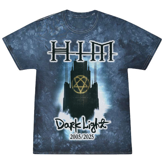 A heavyweight cotton tee in a blue tie dye wash. With artwork inspired by the Dark Light album by HIM