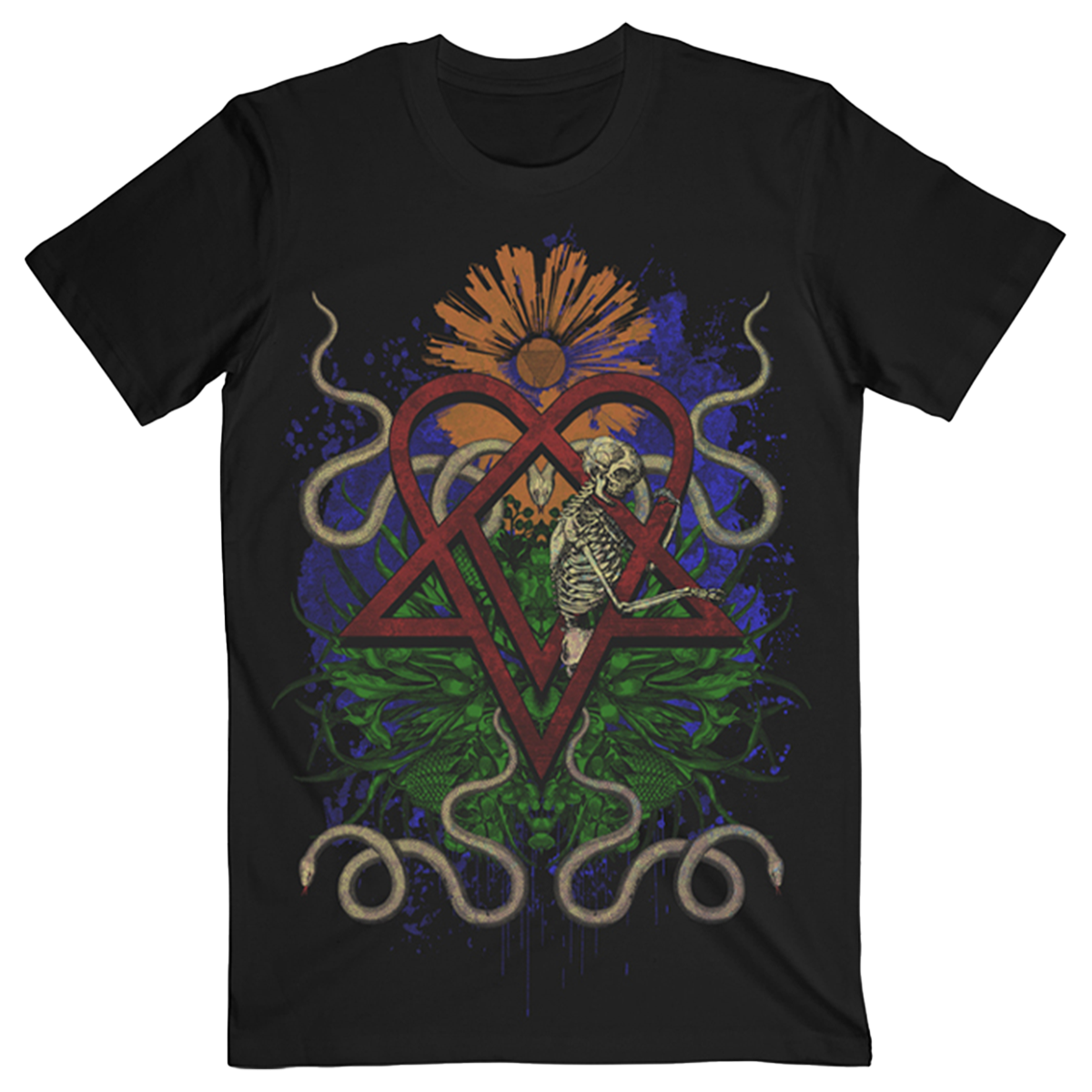 A black cotton short sleeve tee with custom graphics across the front and back, from Ville Valo.
