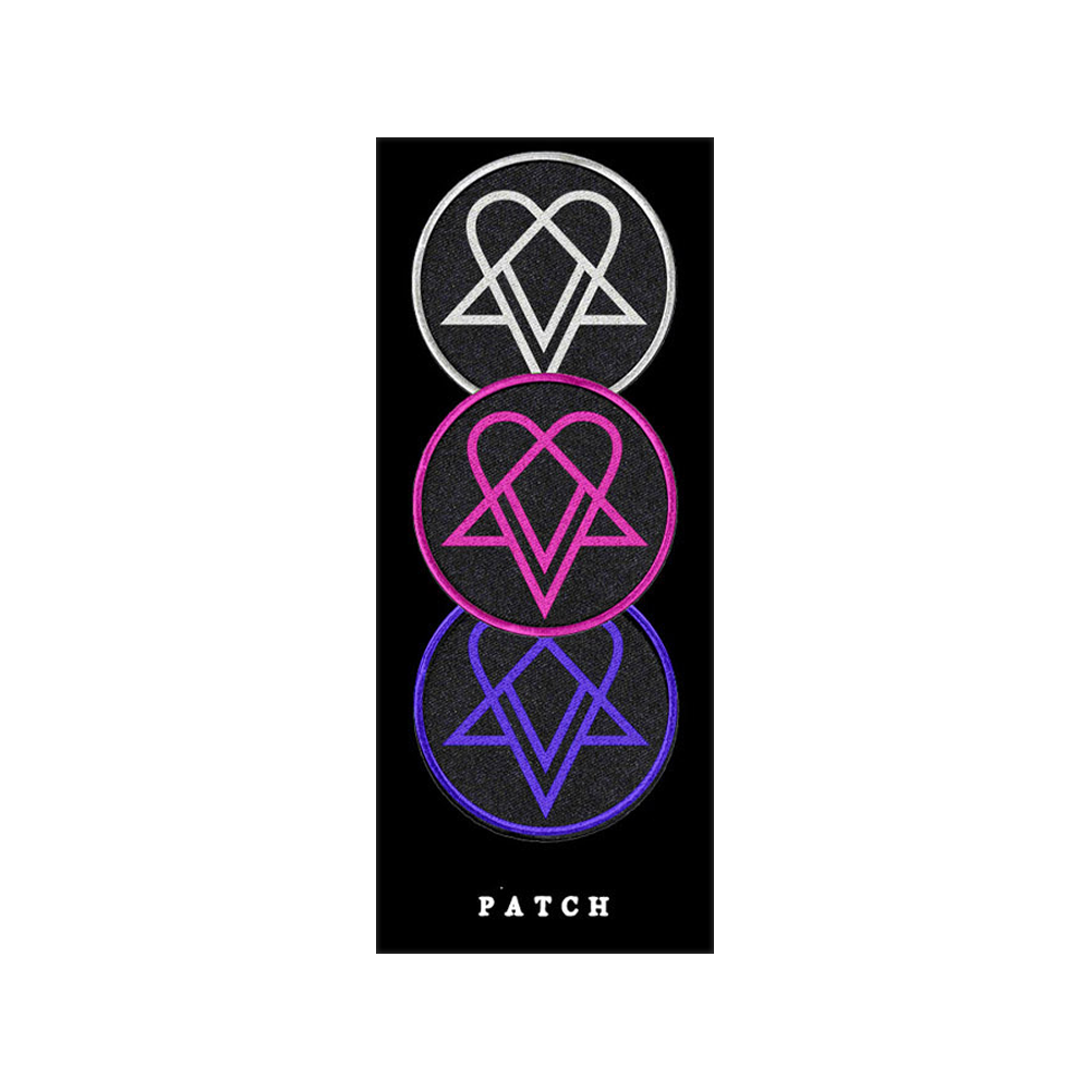 A set of three Heartagram patches in white, pink, and purple, from HIM.