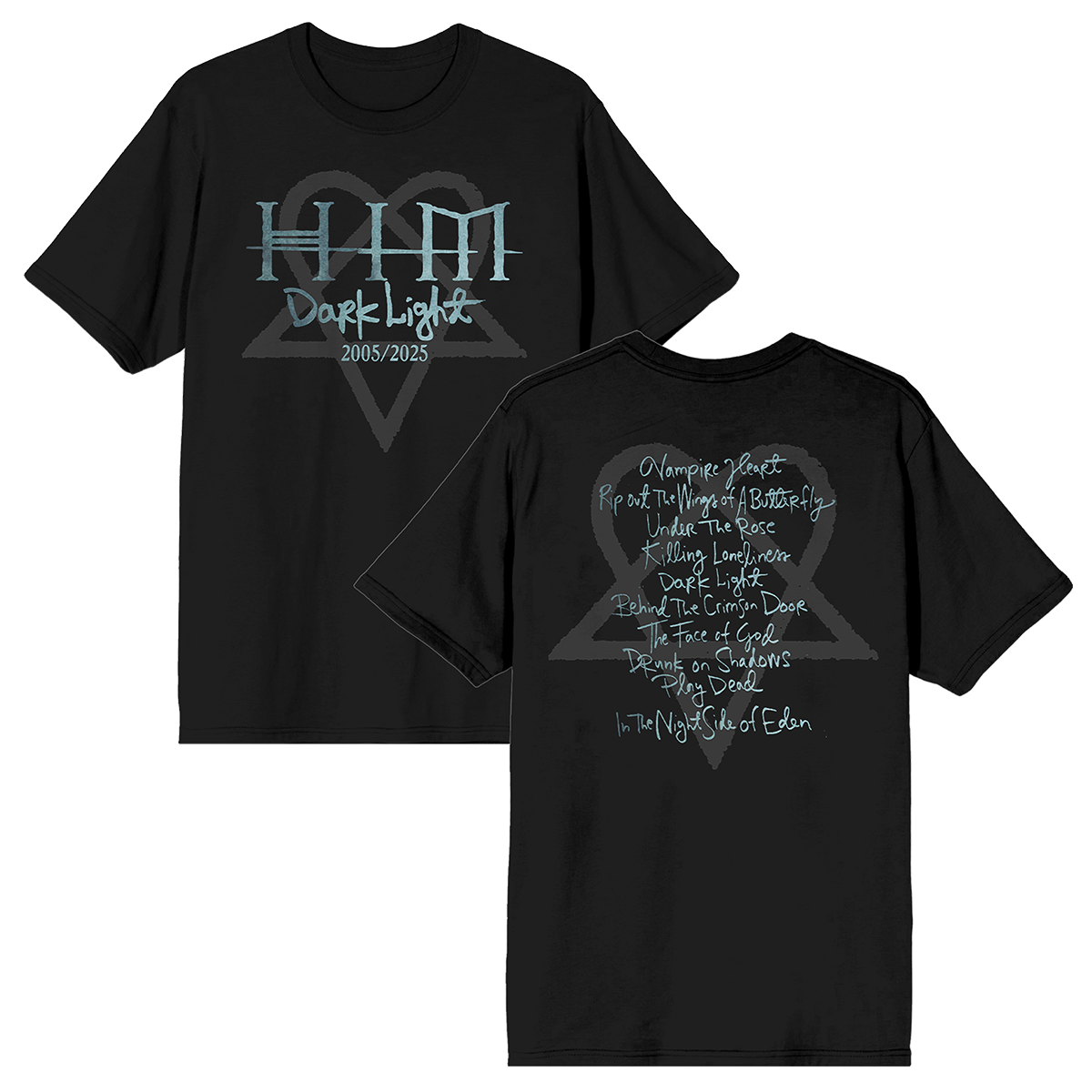 A classic black cotton tee with Dark Light album artwork on the front and the album track list on the back, from HIM.
