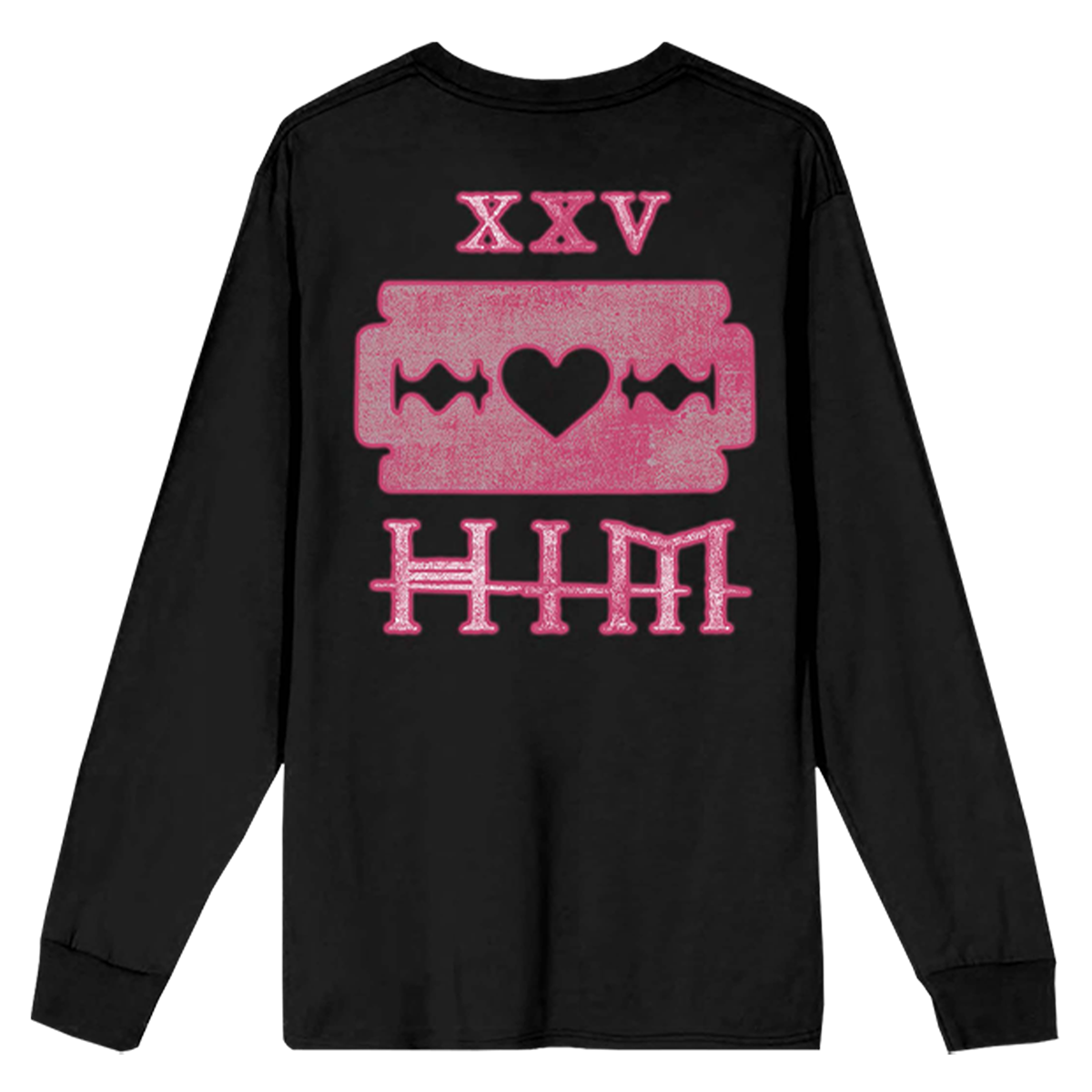 A classic black cotton long sleeve tee with pink Heartagram and custom Razorbalde Romance artwork from HIM.