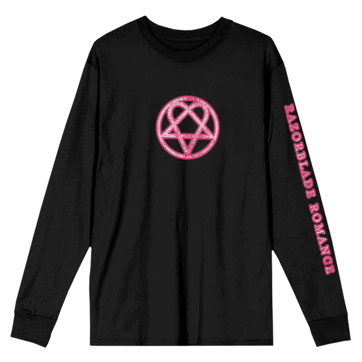 A classic black cotton long sleeve tee with pink Heartagram and custom Razorbalde Romance artwork from HIM.