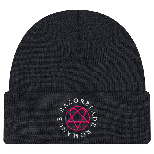 A classic black knit beanie with pink embroidered Heartagram from HIM