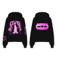 A classic black cotton blend hoodie with custom pink Razorblade Romance artwork on the front, back, and along the sleeves from HIM.