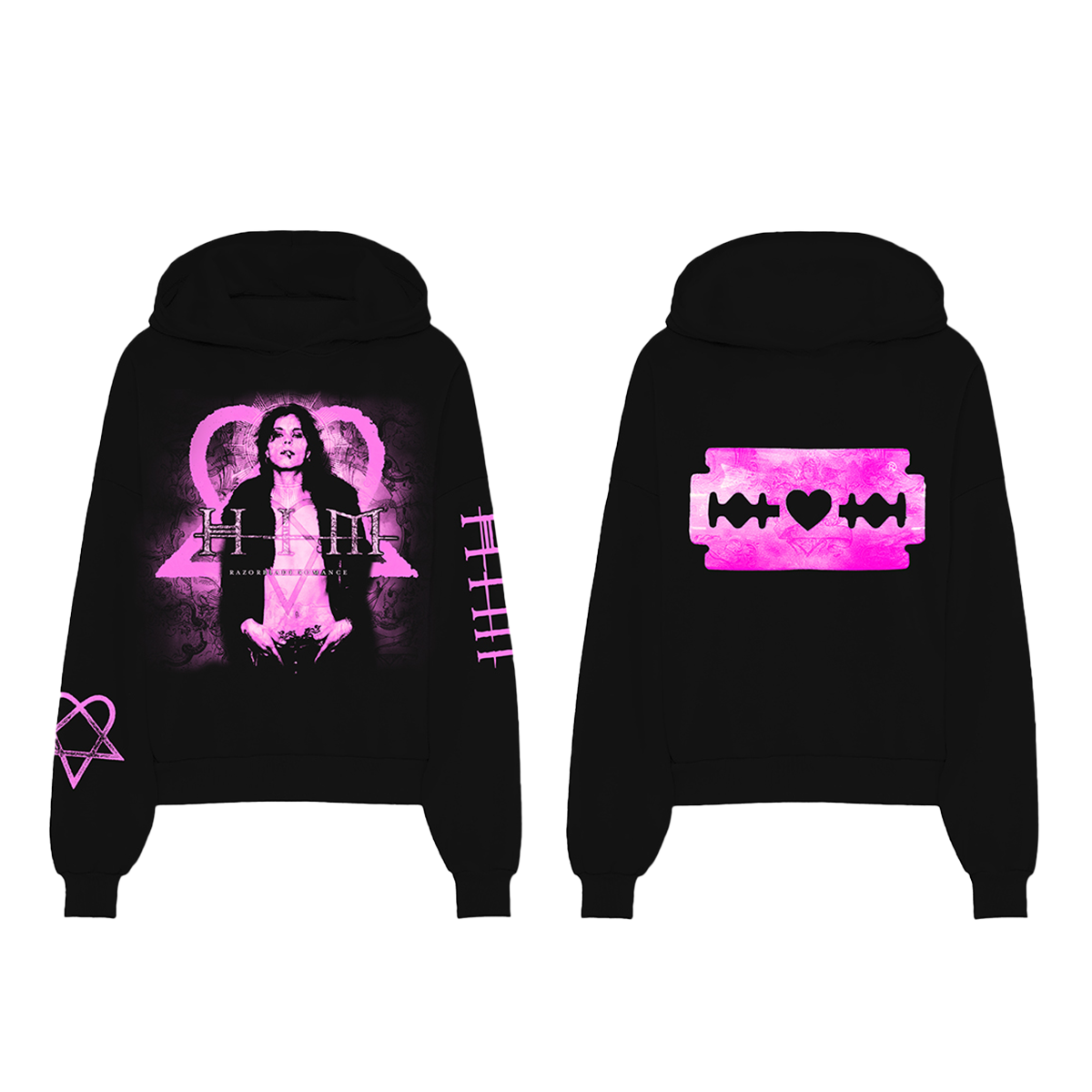 A classic black cotton blend hoodie with custom pink Razorblade Romance artwork on the front, back, and along the sleeves from HIM.