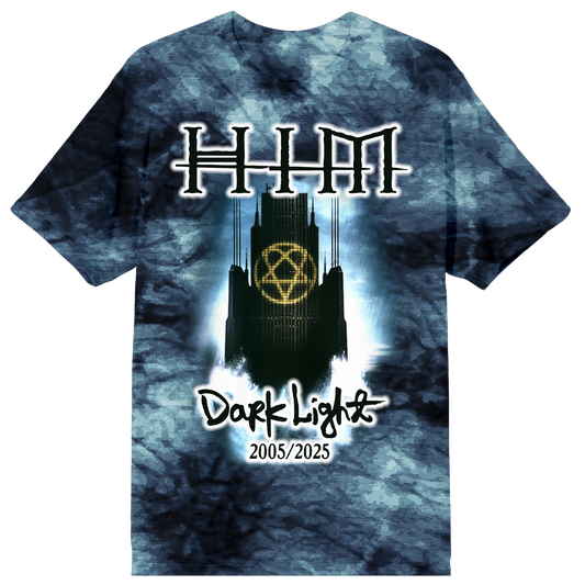 A heavyweight cotton tee in a blue tie dye wash. With artwork inspired by the Dark Light album by HIM