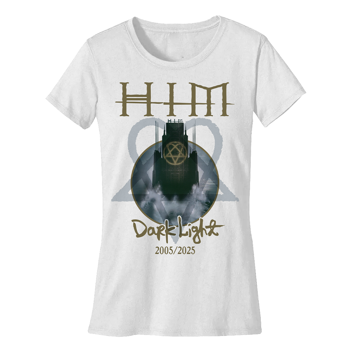 A women's white cotton short sleeve tee with Dark Light album artwork on the front, from HIM.