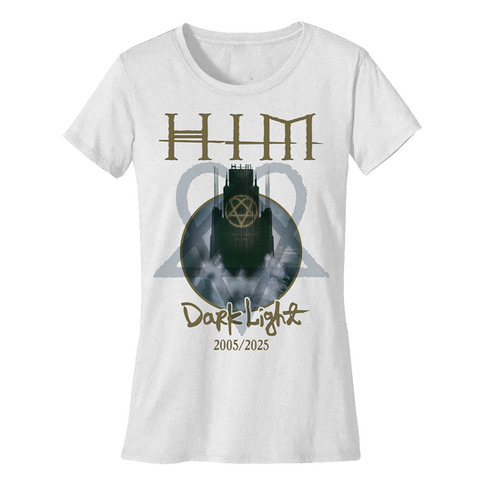 A women's white cotton short sleeve tee with Dark Light album artwork on the front, from HIM.