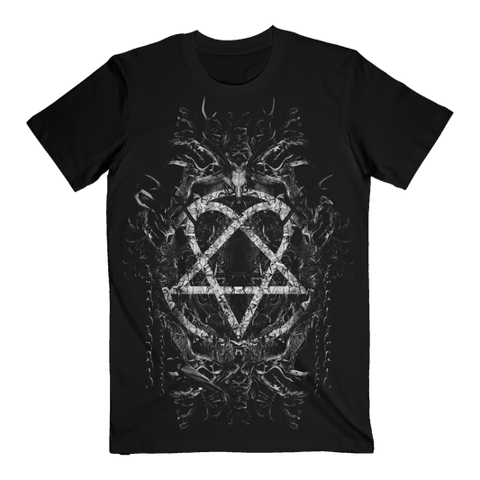 A classic black cotton tee with custom HIM artwork across the front. 