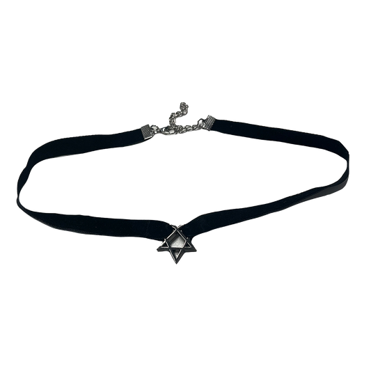 A black ribbon choker with Heartagram charm. Celebrate twenty five years of the Razorblade Romance album from HIM. 