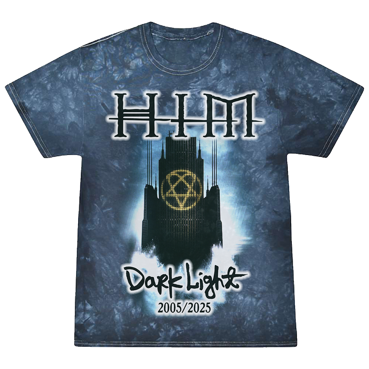 A heavyweight cotton tee in a blue tie dye wash. With artwork inspired by the Dark Light album by HIM