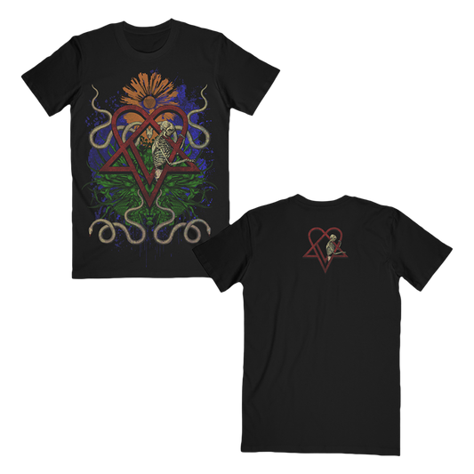 A black cotton short sleeve tee with custom graphics across the front and back, from Ville Valo.