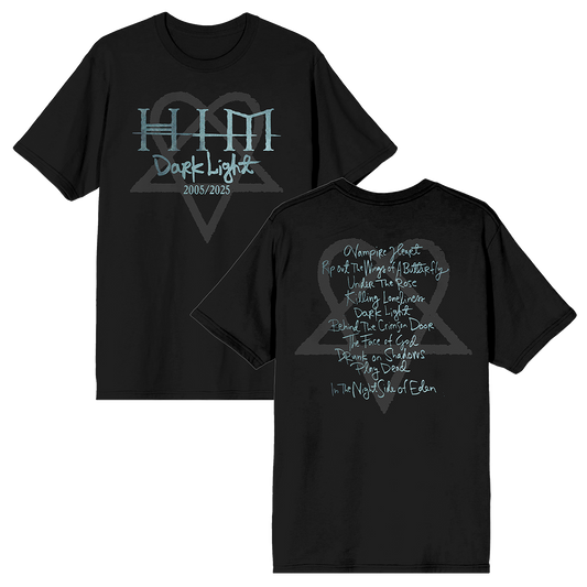 A classic black cotton tee with Dark Light album artwork on the front and the album track list on the back, from HIM.