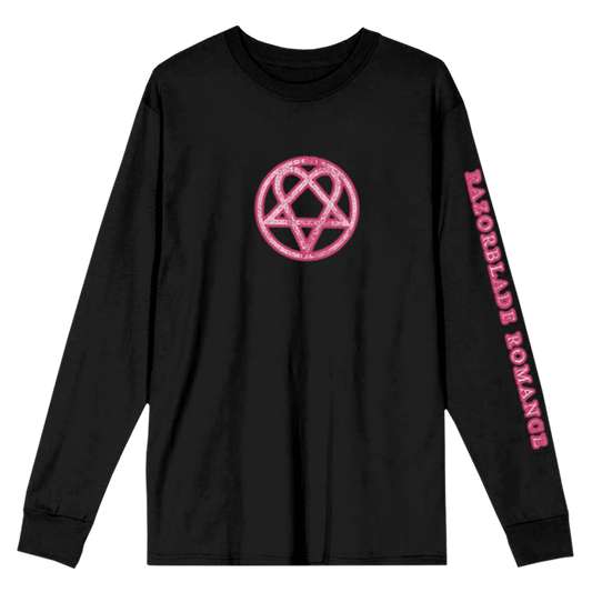 A classic black cotton long sleeve tee with pink Heartagram and custom Razorbalde Romance artwork from HIM.