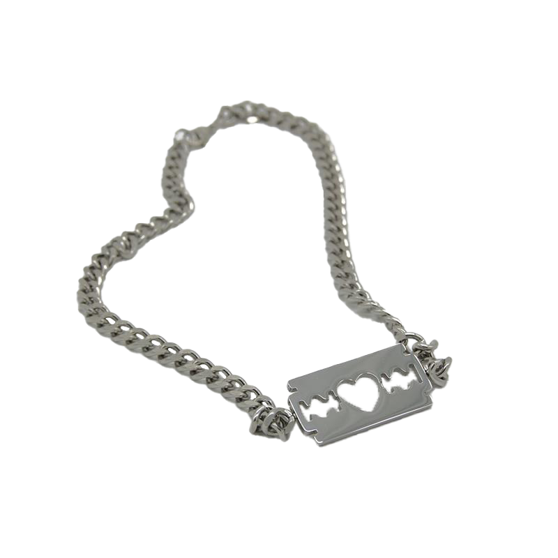 A commemorative necklace celebrating the twenty fifth anniversary of Razorblade Romance. A thick stainless steel chain with a razor blade pendant at the middle.