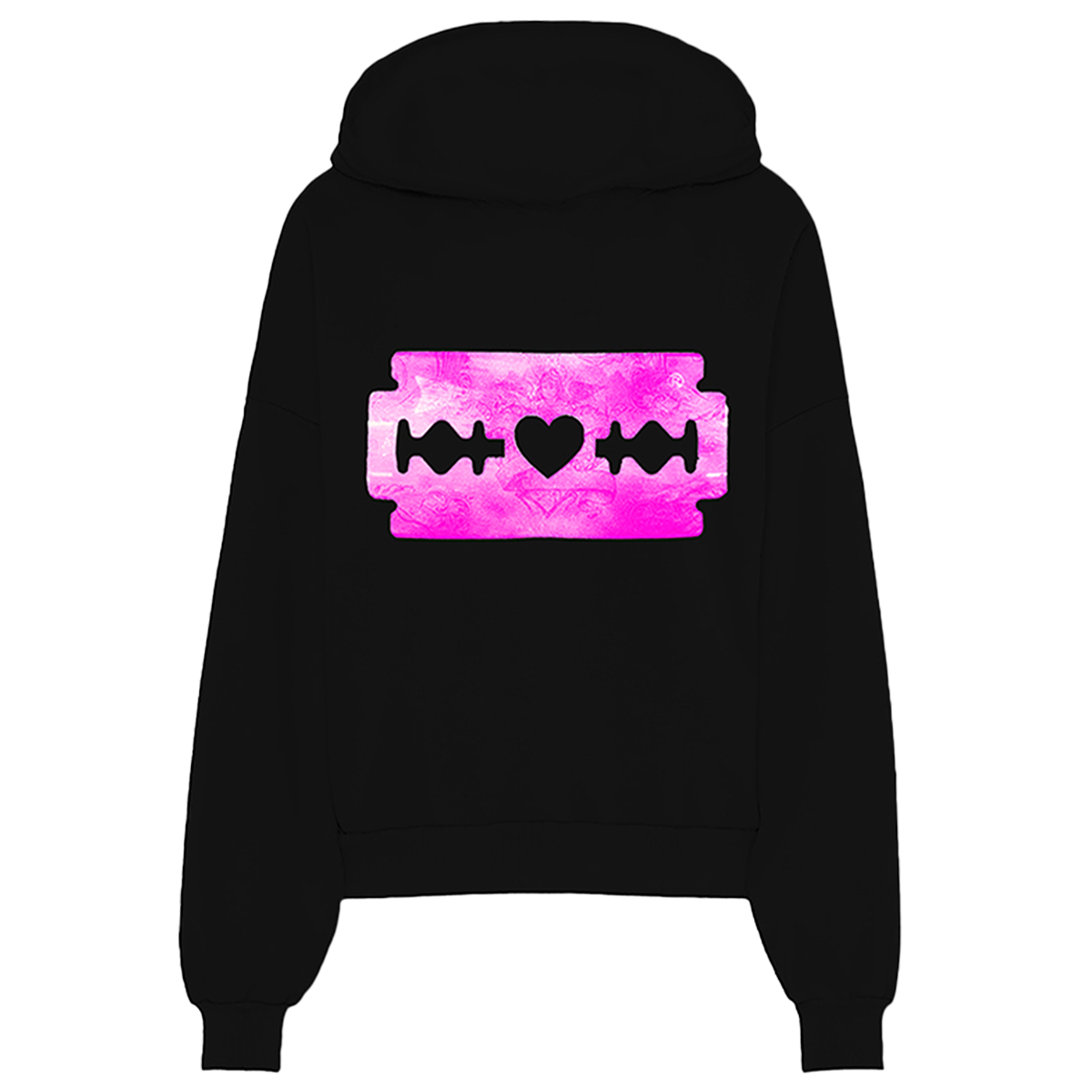 A classic black cotton blend hoodie with custom pink Razorblade Romance artwork on the front, back, and along the sleeves from HIM.